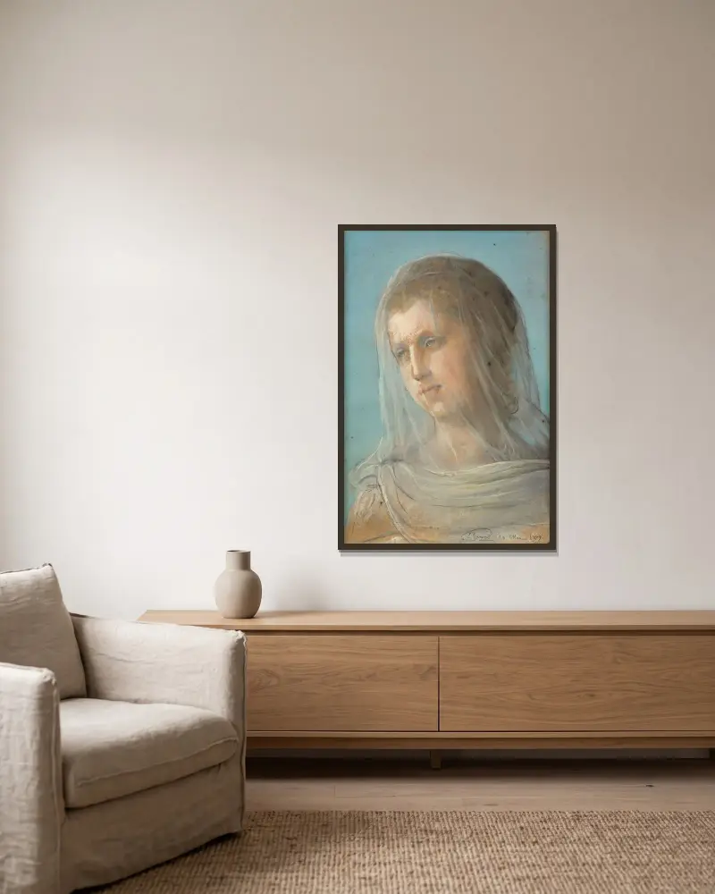 Studie für die Figur der Keuschheit von Louis Janmot gerahmt an einer Wand