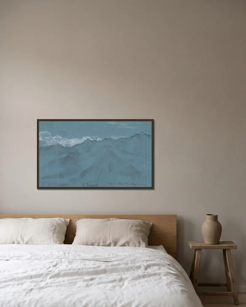 Vy över Mont Blanc-massivet från Chamonix av Louis Janmot inramad på en vägg