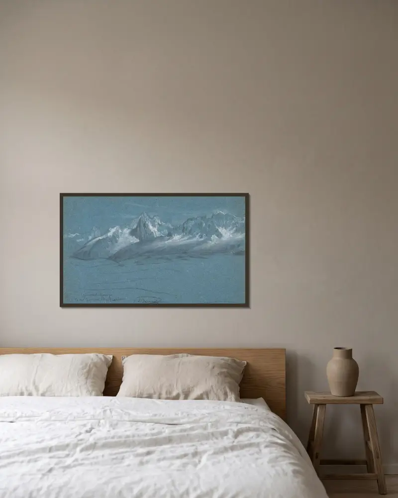 Vy över Mont Blanc-massivet från toppen av Prarion, Chamonix av Louis Janmot inramad på en vägg