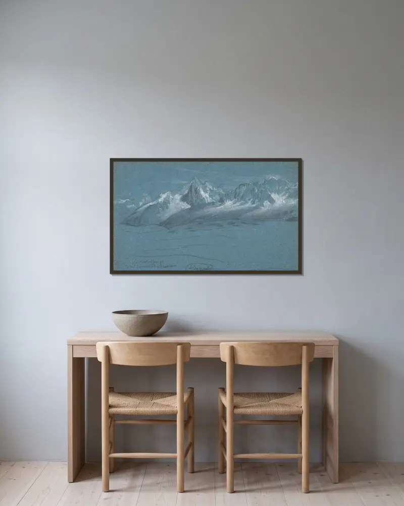 Vy över Mont Blanc-massivet från toppen av Prarion, Chamonix av Louis Janmot inramad på en vägg