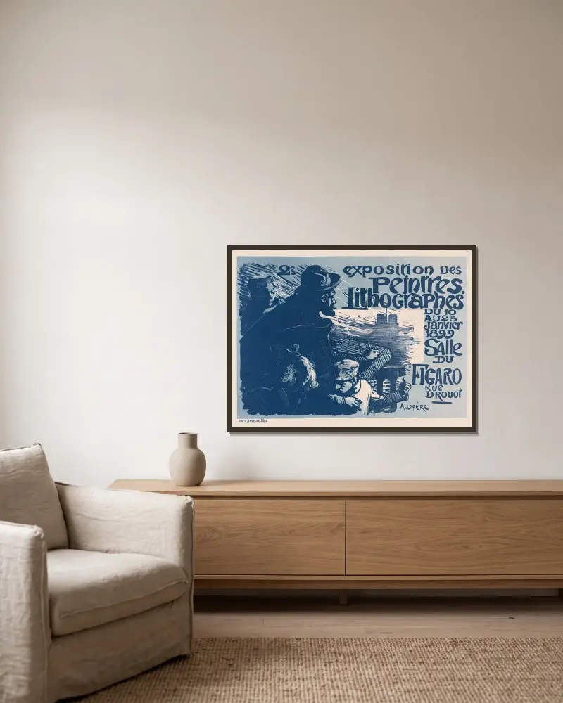 Affisch för Peintres Lithographes andra utställning av Auguste Louis Lepère inramad på en vägg