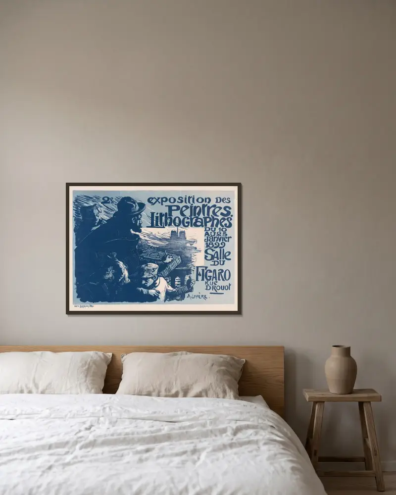 Affisch för Peintres Lithographes andra utställning av Auguste Louis Lepère inramad på en vägg
