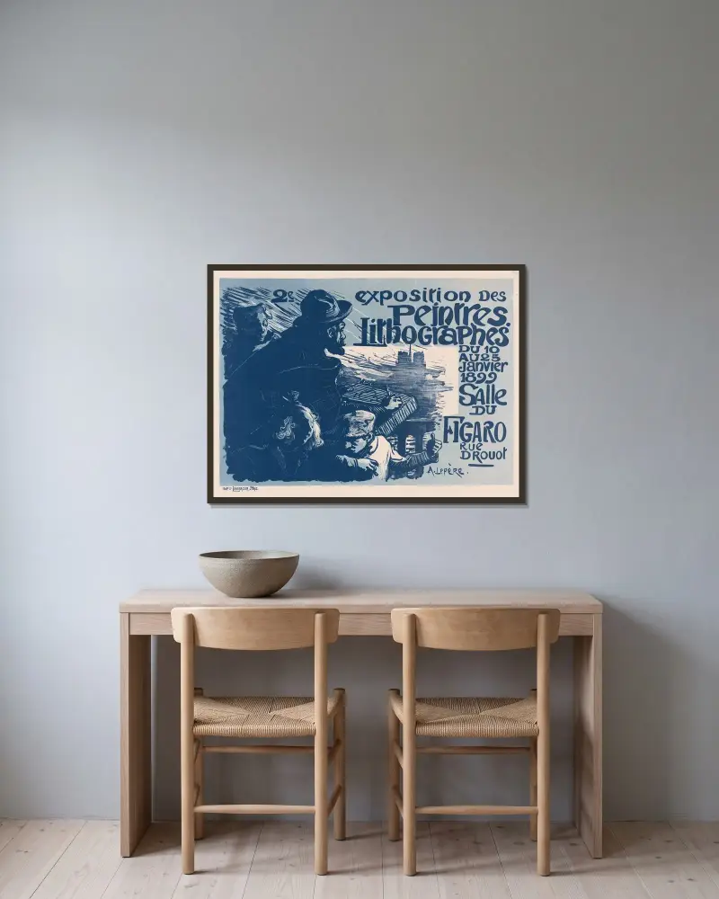 Affisch för Peintres Lithographes andra utställning av Auguste Louis Lepère inramad på en vägg