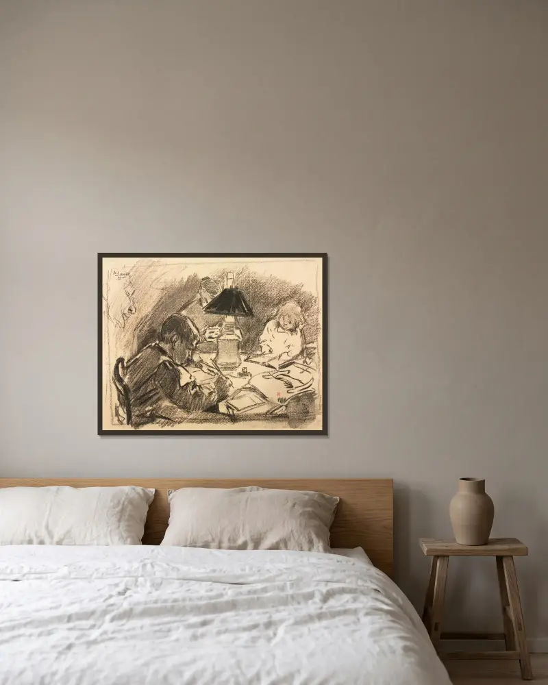 Runt lampan av Auguste Louis Lepère inramad på en vägg
