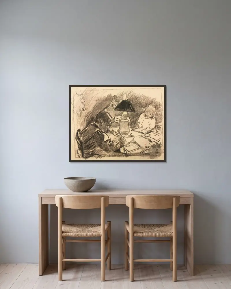 Runt lampan av Auguste Louis Lepère inramad på en vägg
