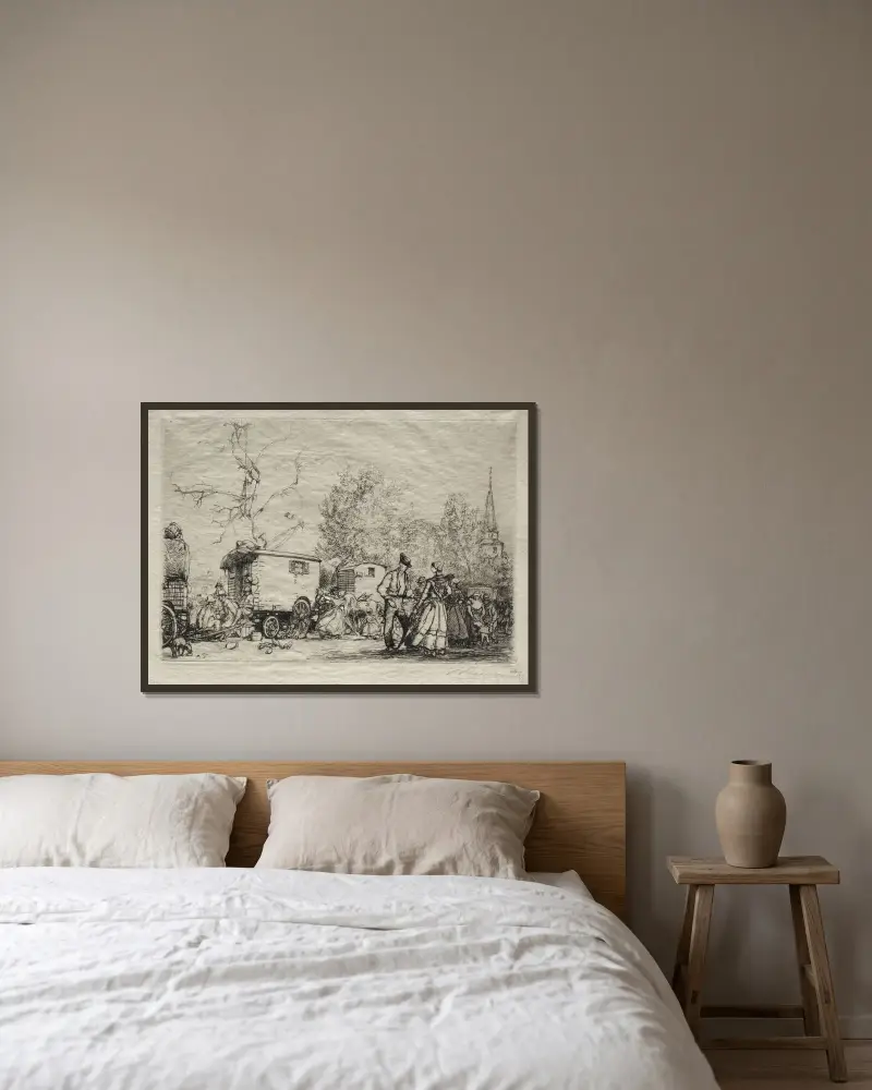 På marknaden i Saint-Jean-de-Mont av Auguste Louis Lepère inramad på en vägg