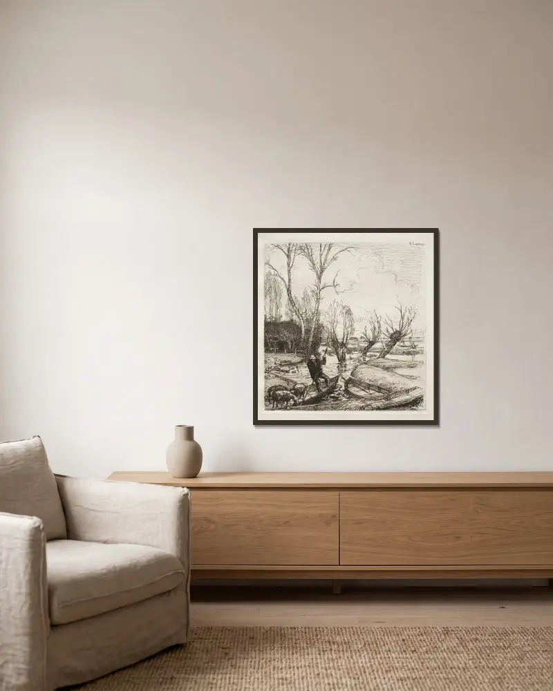 I det översvämmade Marais; Herdinnan av Auguste Louis Lepère inramad på en vägg