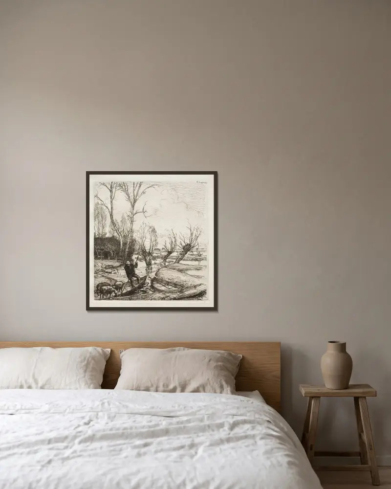 I det översvämmade Marais; Herdinnan av Auguste Louis Lepère inramad på en vägg