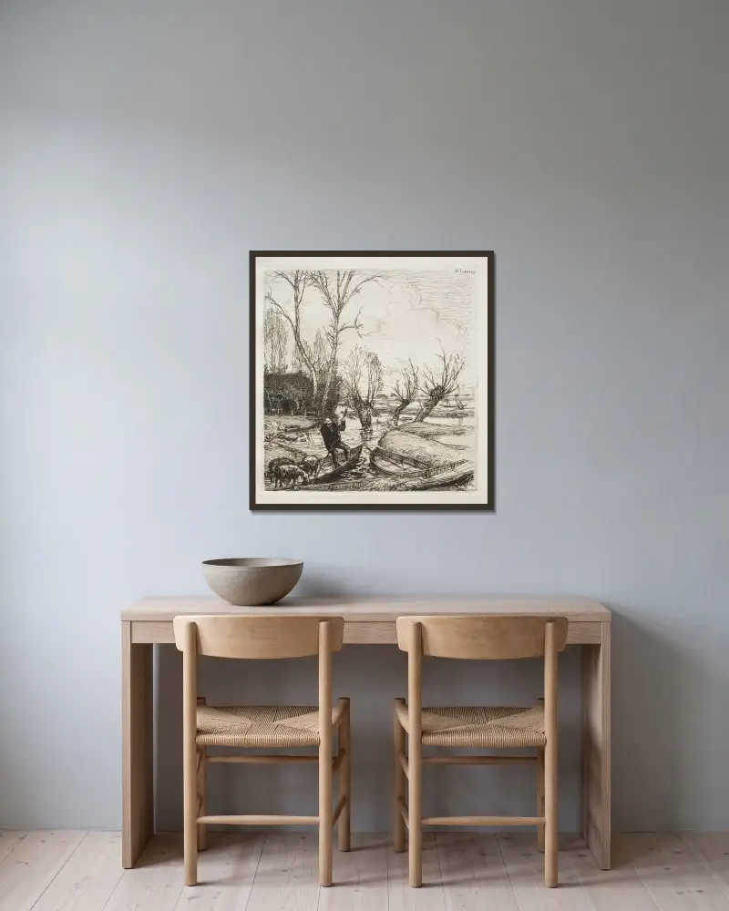 I det översvämmade Marais; Herdinnan av Auguste Louis Lepère inramad på en vägg