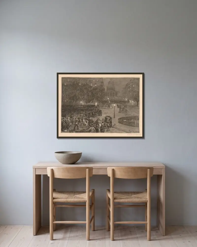 Bois du Monde; Les troubles du quartier Latin av Auguste Louis Lepère inramad på en vägg