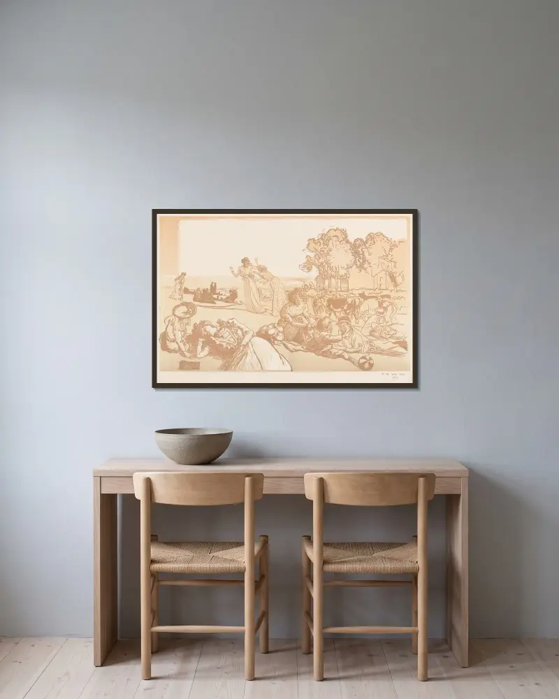 Modern bukolisk scen 3 av Auguste Louis Lepère inramad på en vägg