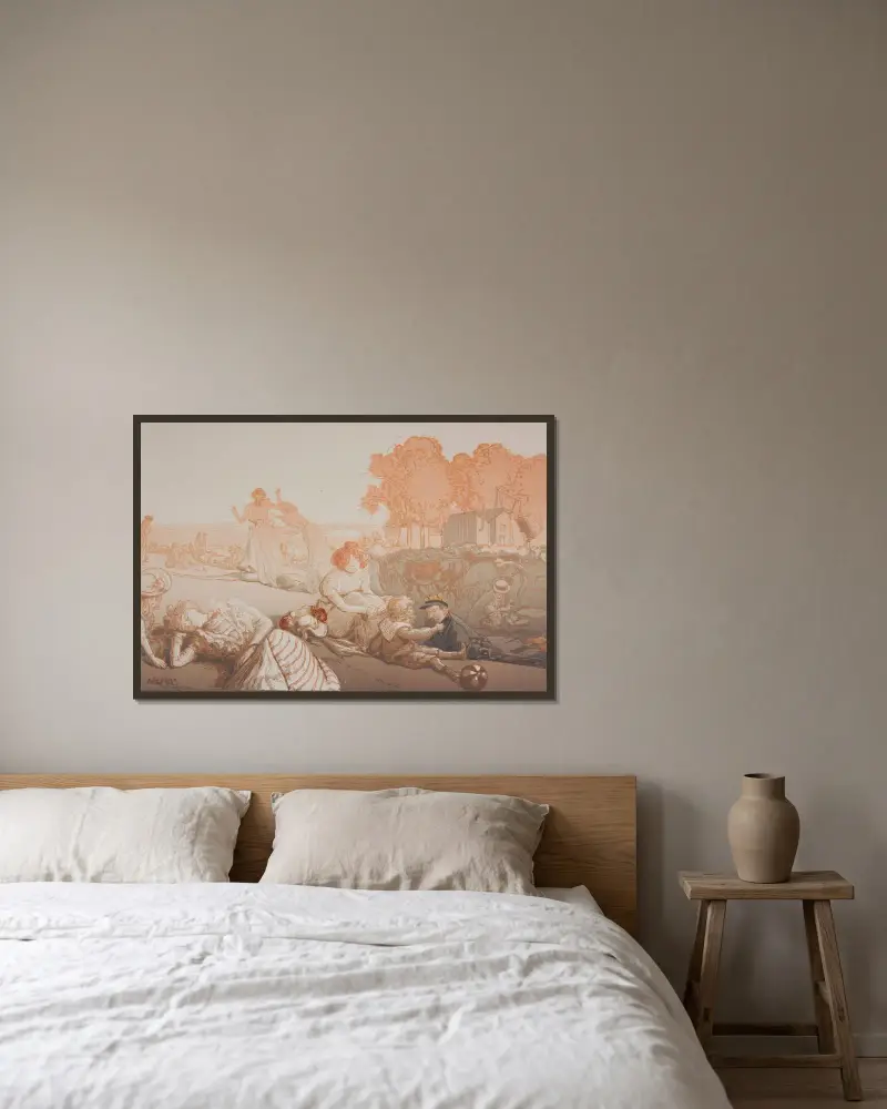 Modern bukolik – söndag vid Paris tullport av Auguste Louis Lepère inramad på en vägg