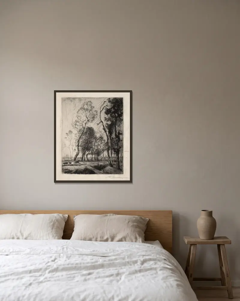 Solnedgång bakom träden av Auguste Louis Lepère inramad på en vägg