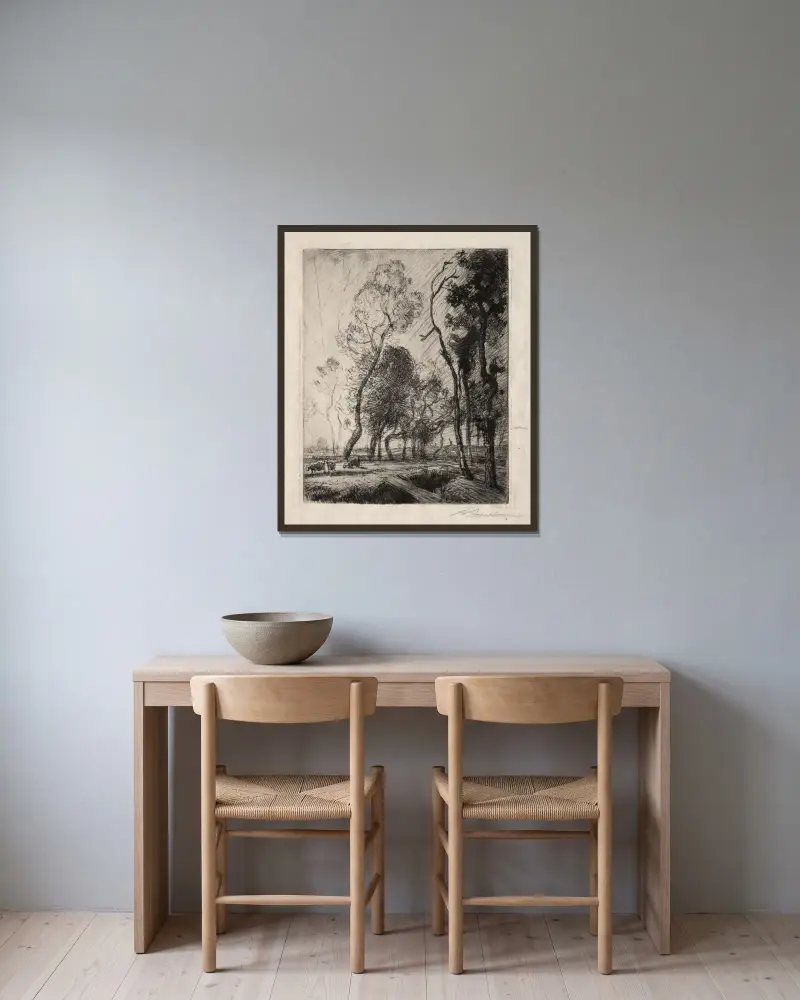 Solnedgång bakom träden av Auguste Louis Lepère inramad på en vägg