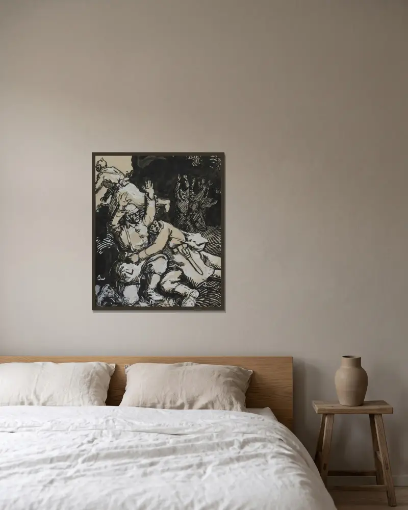 I en skyttegrav ger sig tyska soldater av Auguste Louis Lepère inramad på en vägg