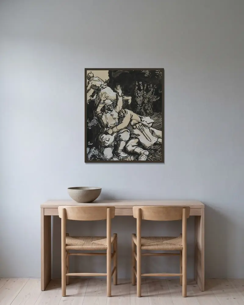 I en skyttegrav ger sig tyska soldater av Auguste Louis Lepère inramad på en vägg