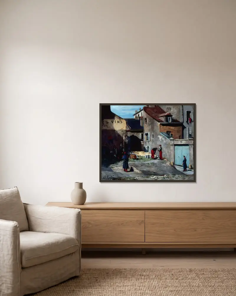Episod från Pariskommunen, Rue des Rosiers, Montmartre av Auguste Louis Lepère inramad på en vägg