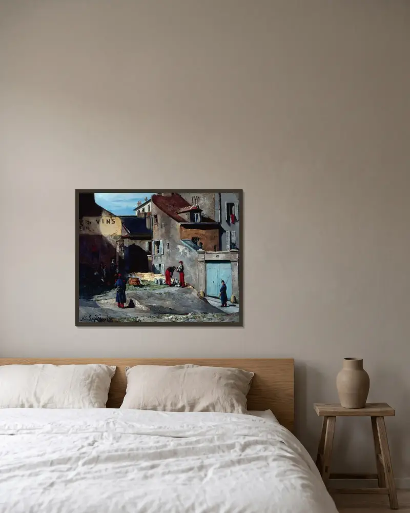 Episod från Pariskommunen, Rue des Rosiers, Montmartre av Auguste Louis Lepère inramad på en vägg