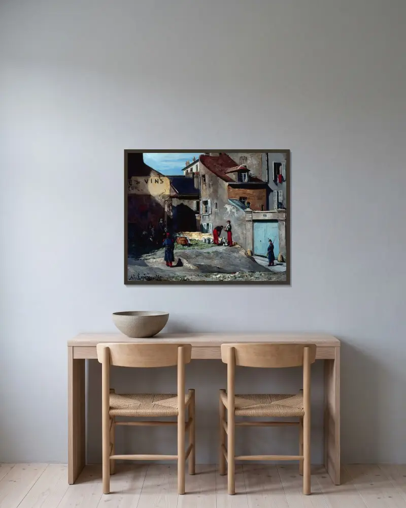 Episod från Pariskommunen, Rue des Rosiers, Montmartre av Auguste Louis Lepère inramad på en vägg