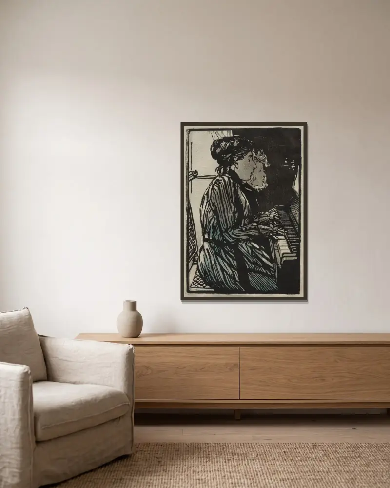 Fyrhändigt stycke av Auguste Louis Lepère inramad på en vägg
