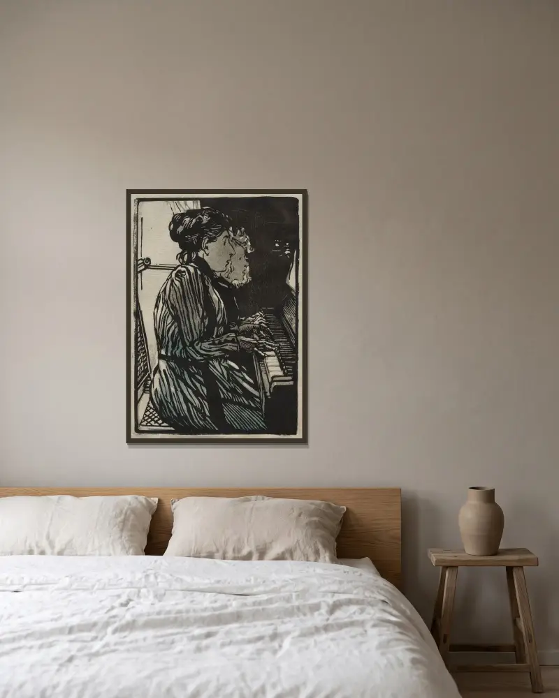 Fyrhändigt stycke av Auguste Louis Lepère inramad på en vägg
