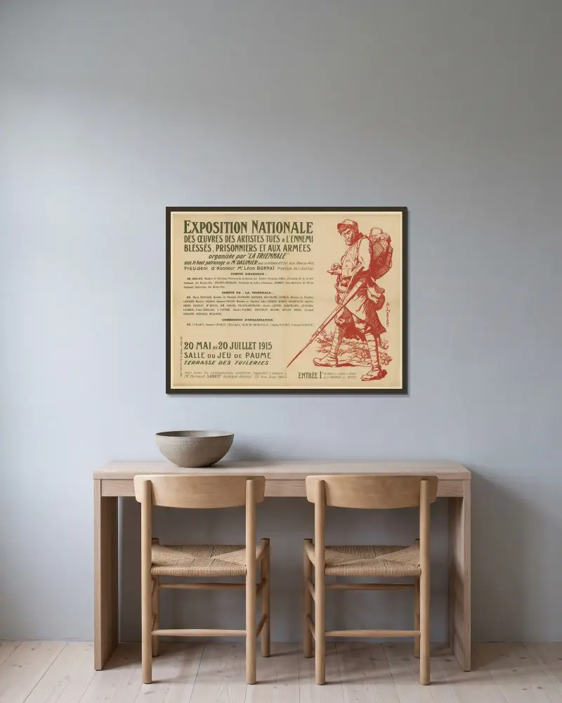 Nationell utställning av verk av konstnärer som stupat för fienden, skadats eller tagits till fånga av Auguste Louis Lepère inramad på en vägg