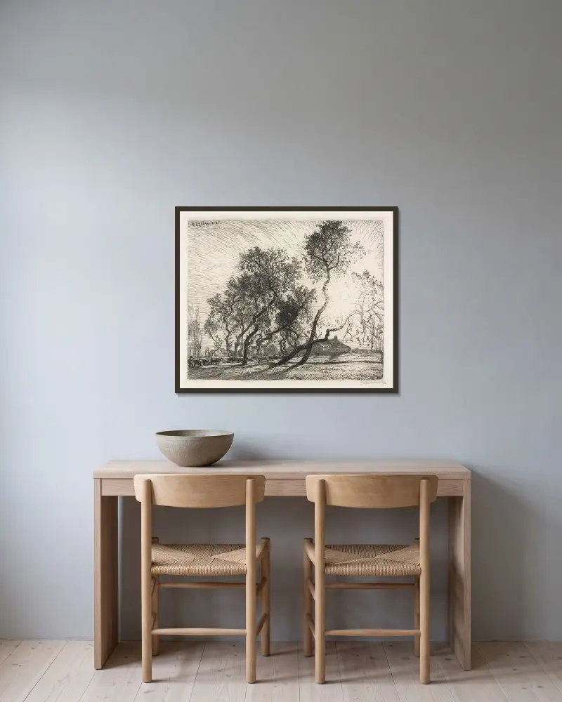 Gård med popplar i Holland av Auguste Louis Lepère inramad på en vägg