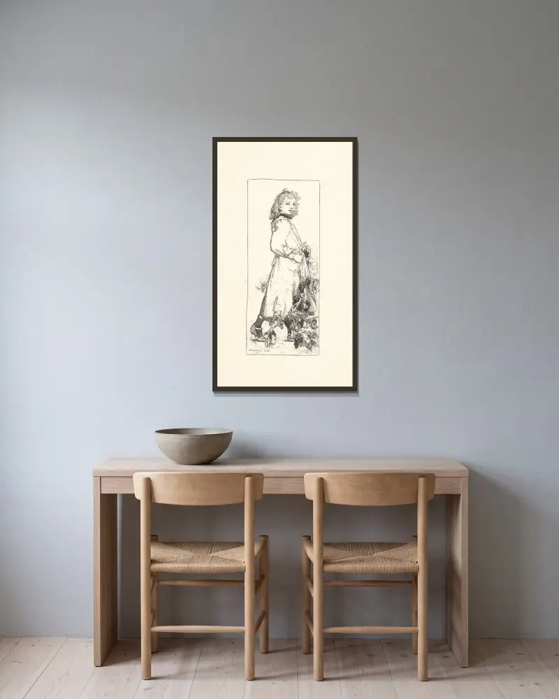 Flicka med vinranka av Auguste Louis Lepère inramad på en vägg
