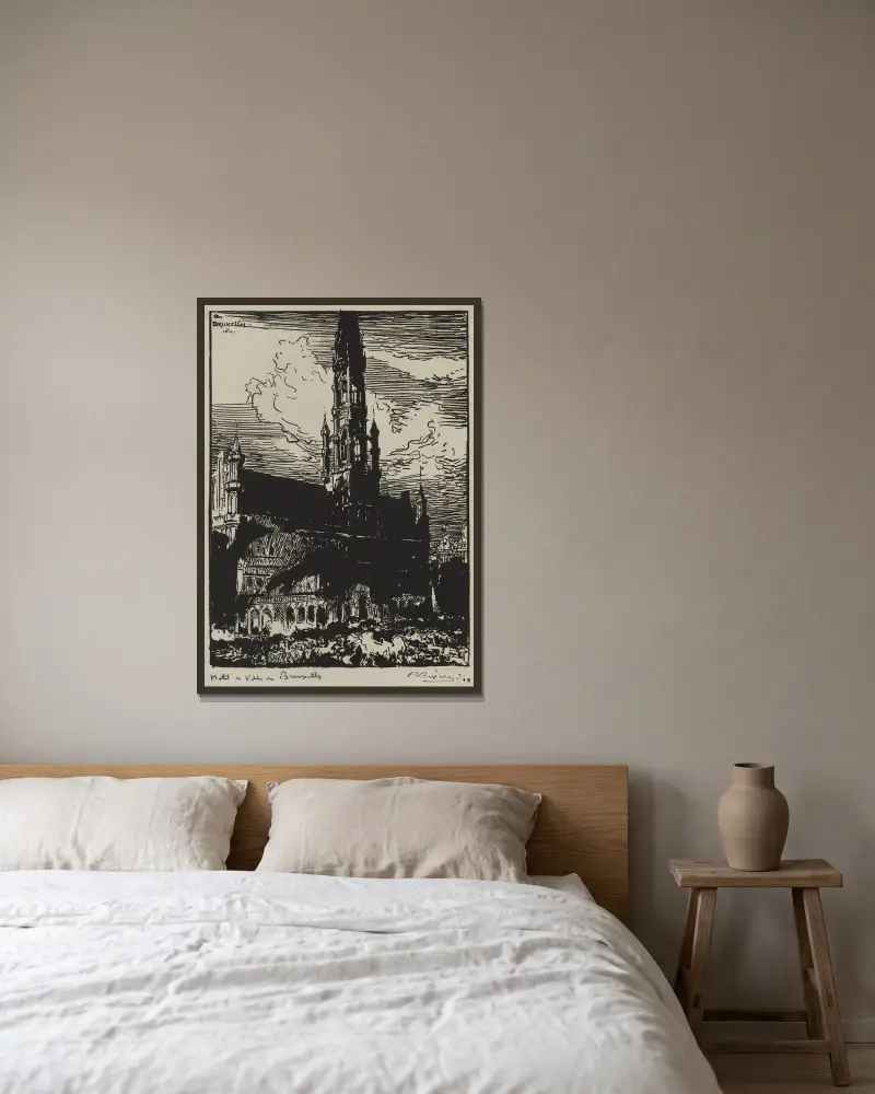 Bryssels stadshus i brand av Auguste Louis Lepère inramad på en vägg