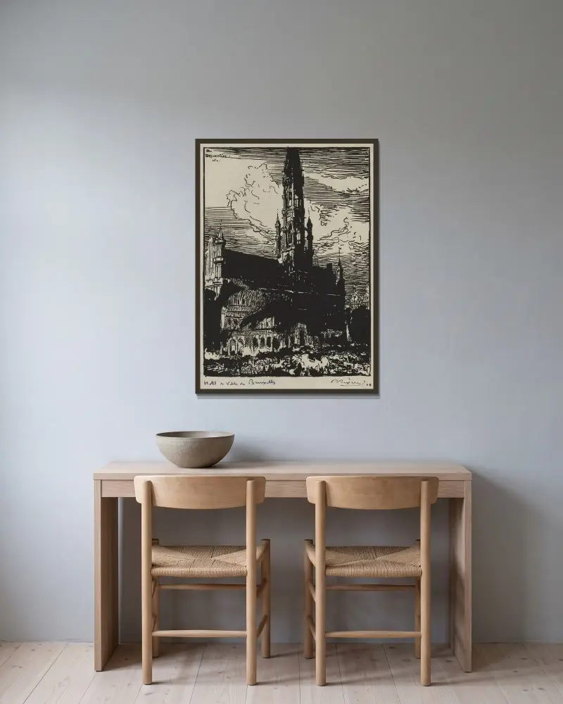 Bryssels stadshus i brand av Auguste Louis Lepère inramad på en vägg