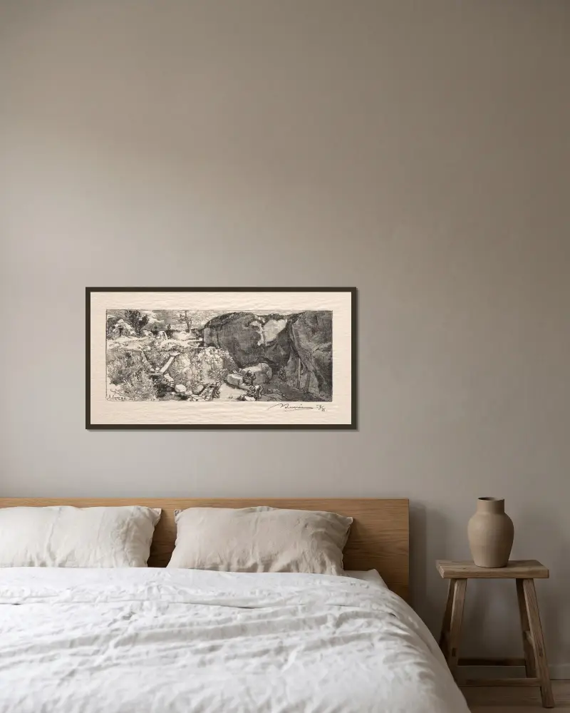 La Carrière de grès av Auguste Louis Lepère inramad på en vägg