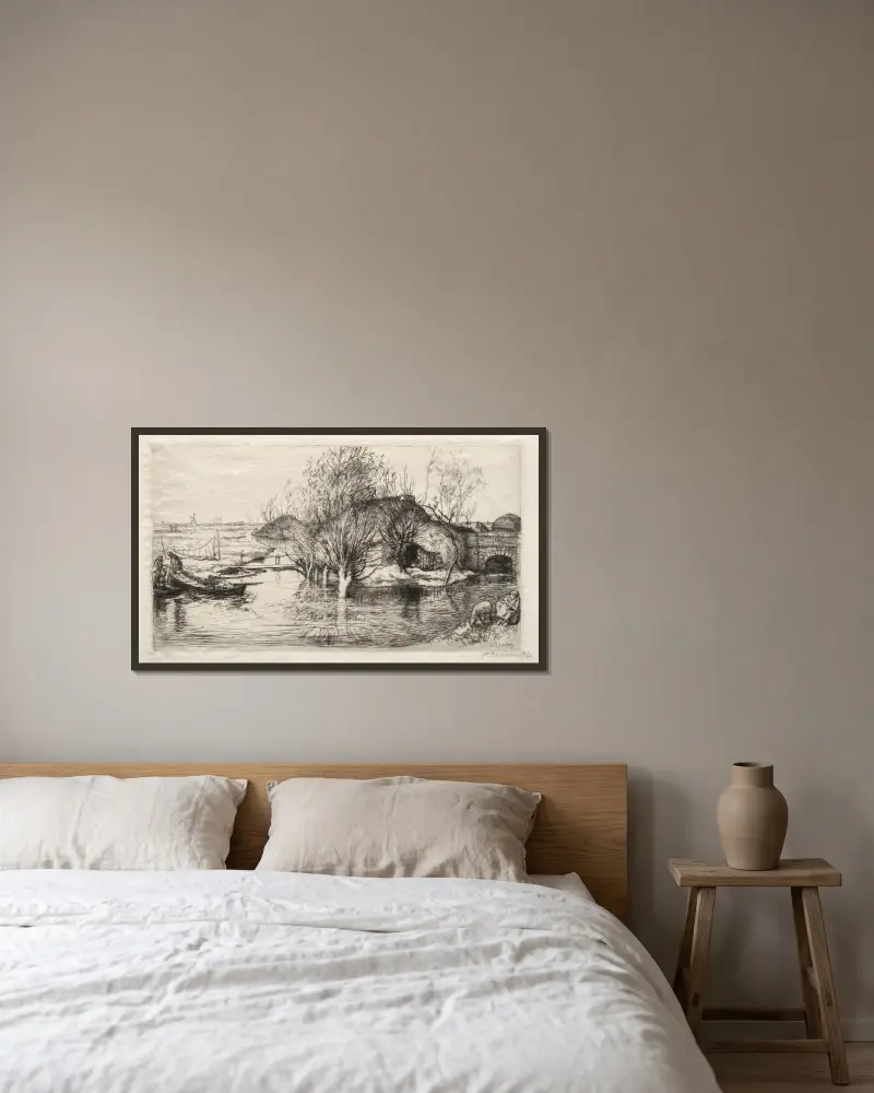 Den översvämmade gården av Auguste Louis Lepère inramad på en vägg