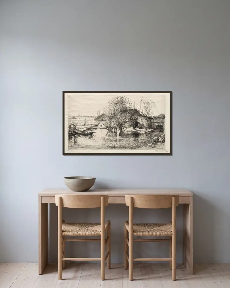 Den översvämmade gården av Auguste Louis Lepère inramad på en vägg