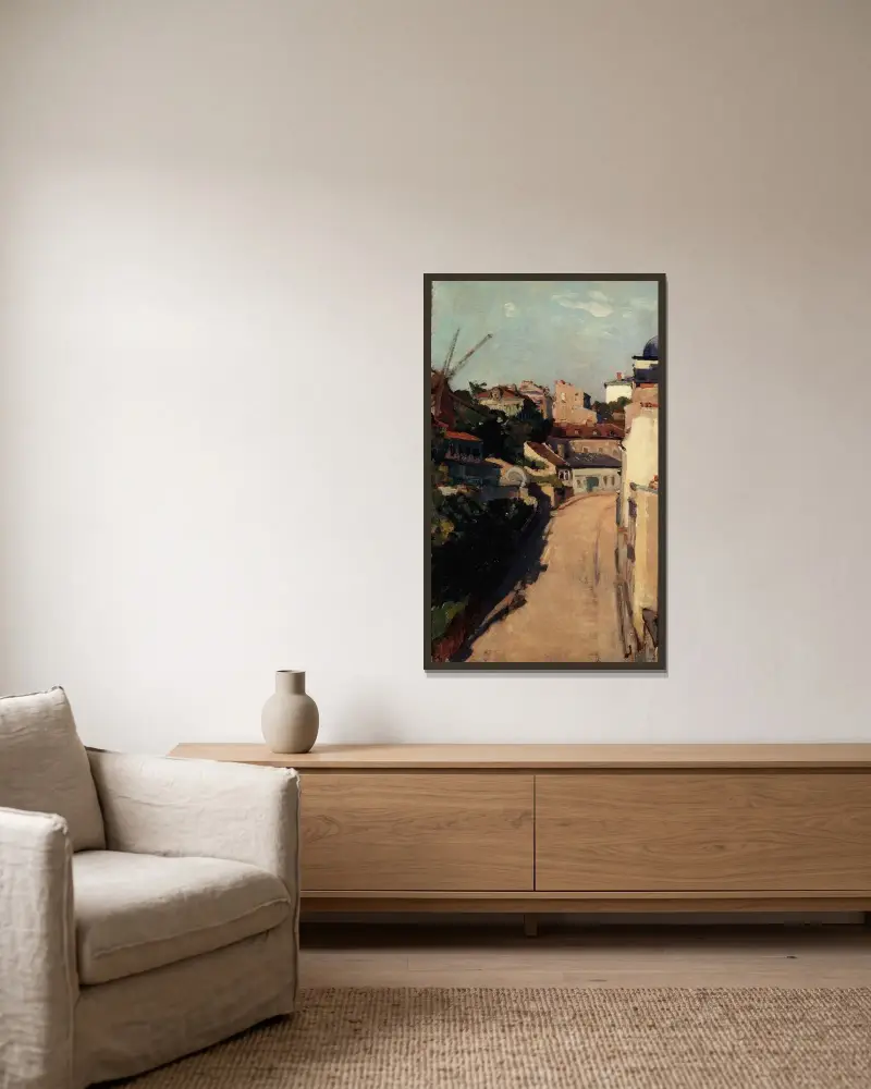 Rue Lepic och snåren på Montmartre av Auguste Louis Lepère inramad på en vägg