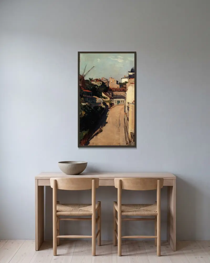 Rue Lepic och snåren på Montmartre av Auguste Louis Lepère inramad på en vägg