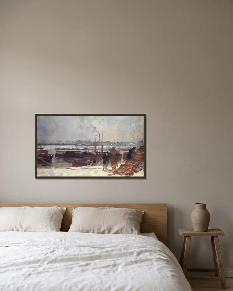 Seine vid Austerlitzkajen, snöeffekt av Auguste Louis Lepère inramad på en vägg