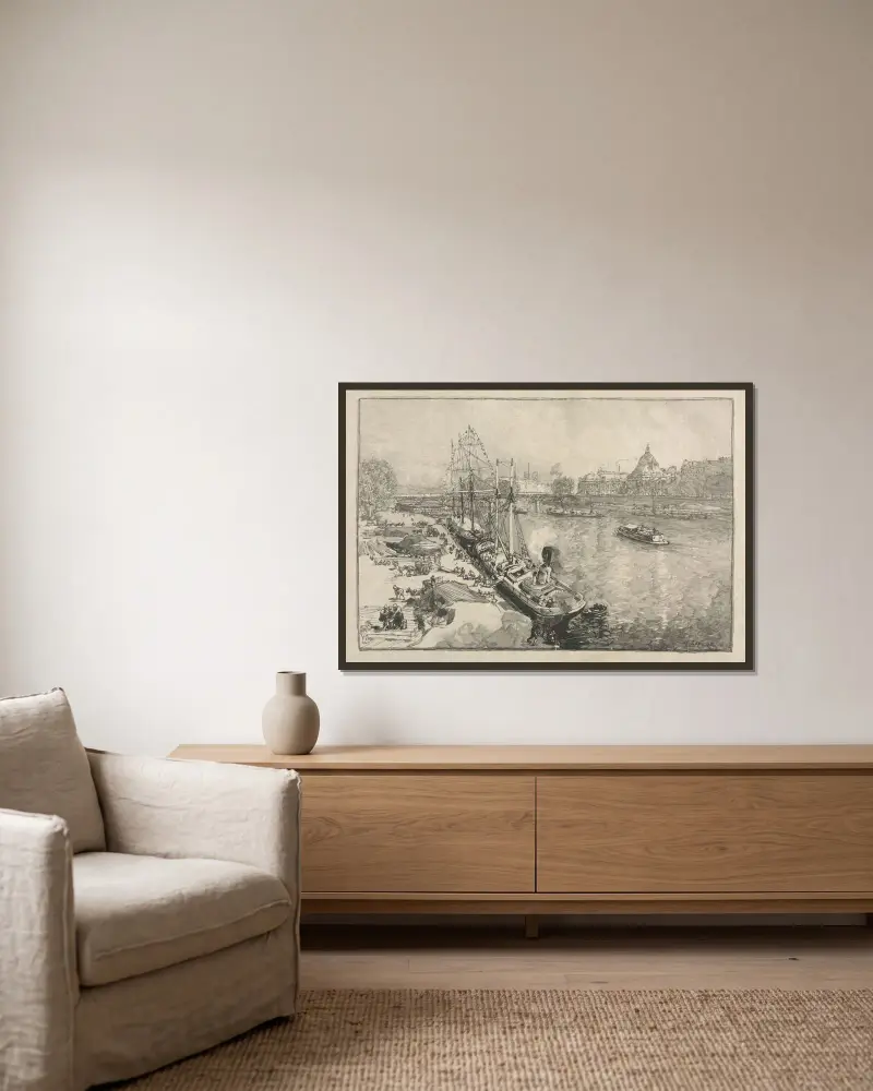 Stor ångbåt vid kaj, Paris av Auguste Louis Lepère inramad på en vägg