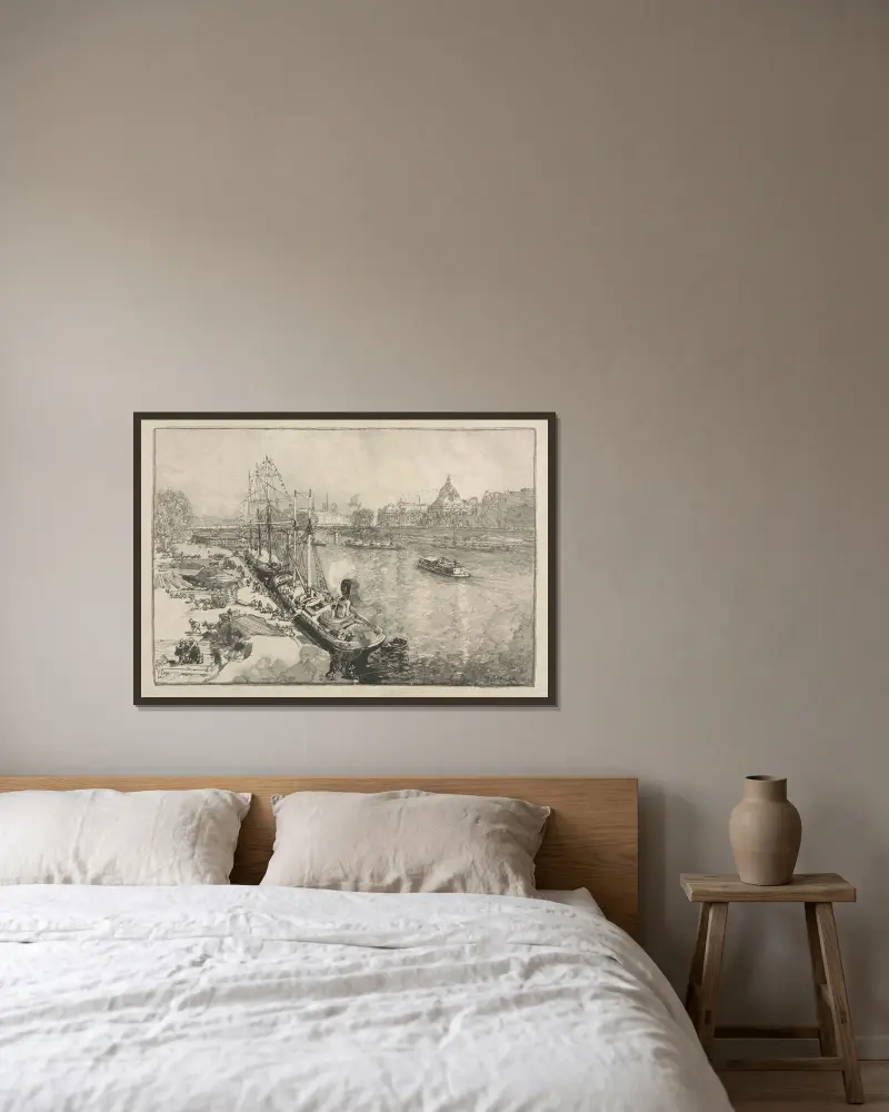 Stor ångbåt vid kaj, Paris av Auguste Louis Lepère inramad på en vägg