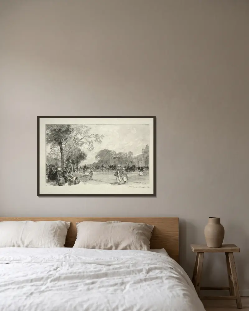 L’Avenue des Champs Elysées av Auguste Louis Lepère inramad på en vägg