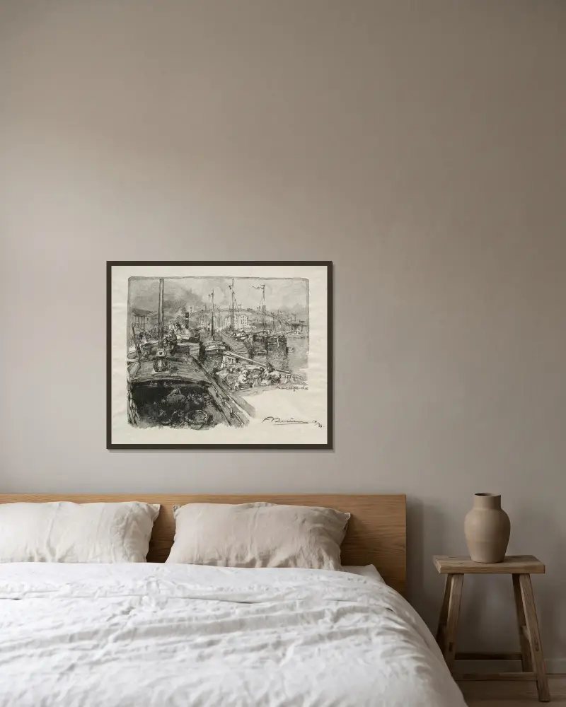 Bassängen vid La Villette av Auguste Louis Lepère inramad på en vägg