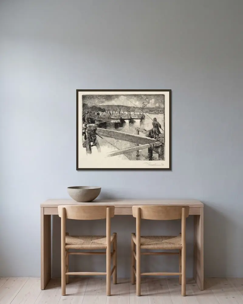 Båtarnas garage (Le garage des bateaux-omnibus) av Auguste Louis Lepère inramad på en vägg