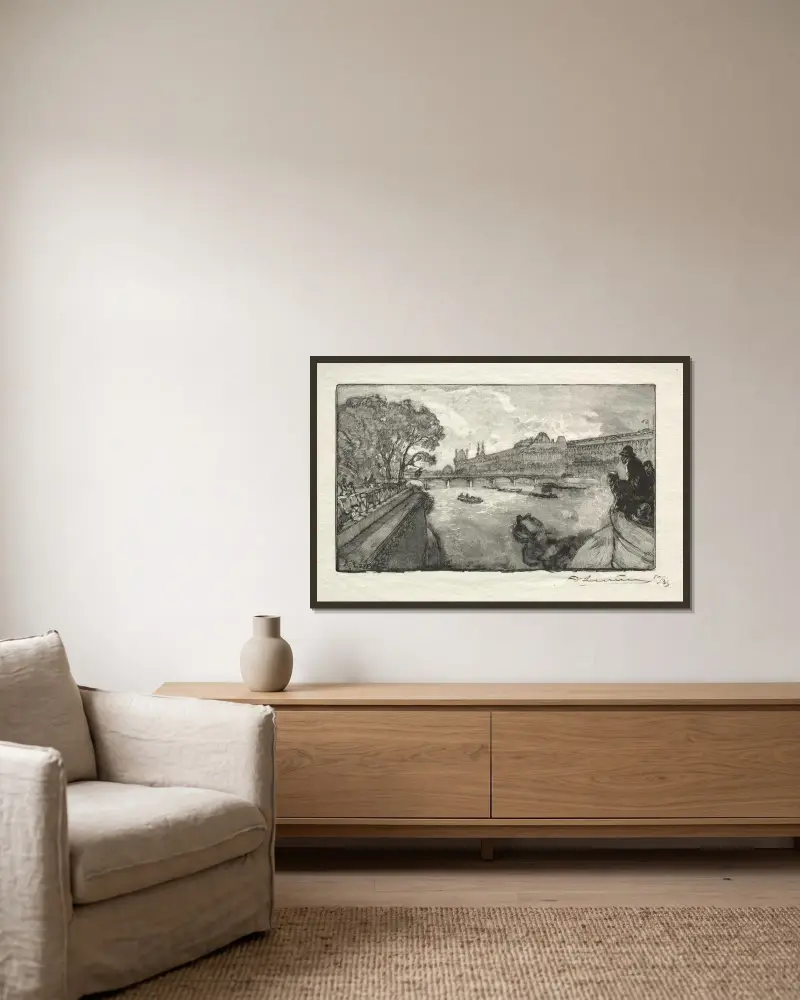 Louvren, sedd från Pont Neuf av Auguste Louis Lepère inramad på en vägg