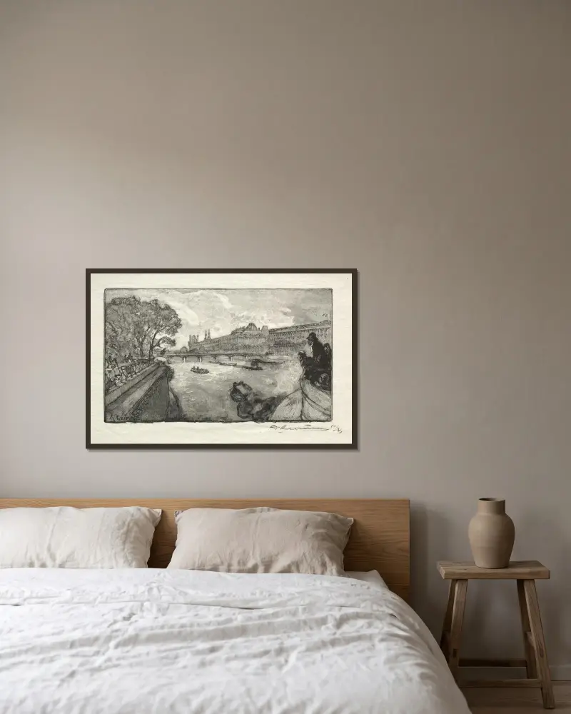 Louvren, sedd från Pont Neuf av Auguste Louis Lepère inramad på en vägg
