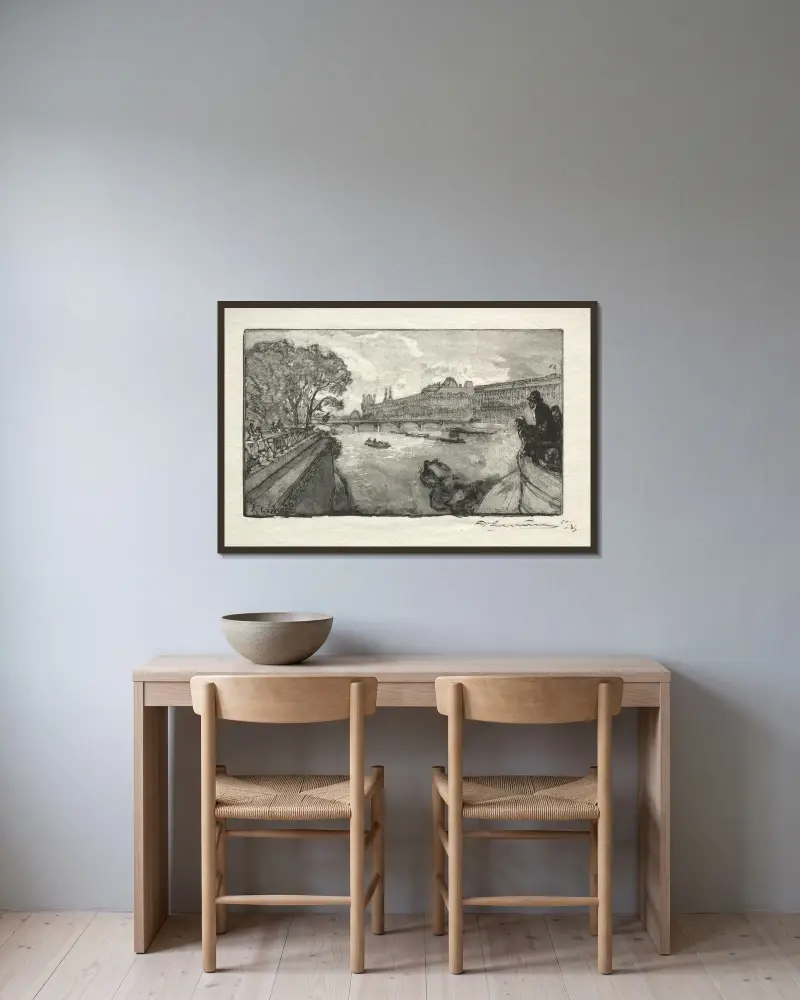 Louvren, sedd från Pont Neuf av Auguste Louis Lepère inramad på en vägg