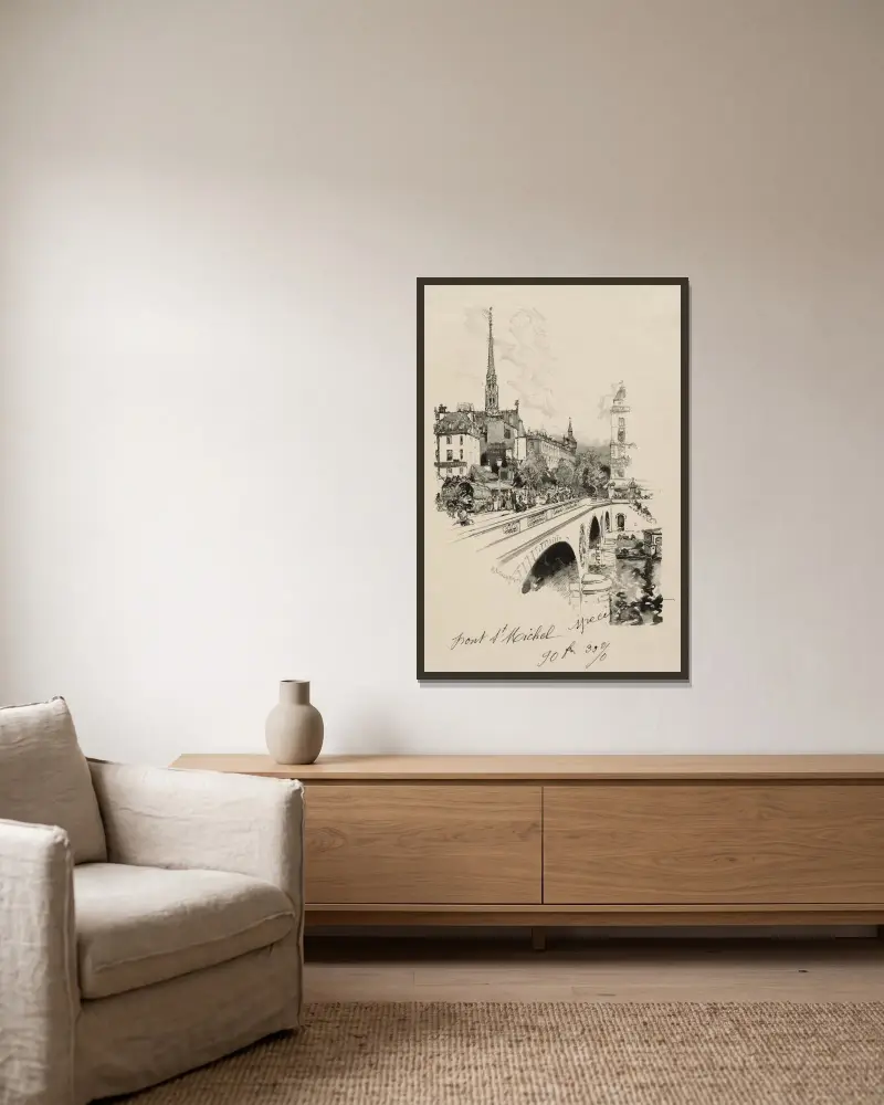 Le Pont Saint-Michel av Auguste Louis Lepère inramad på en vägg