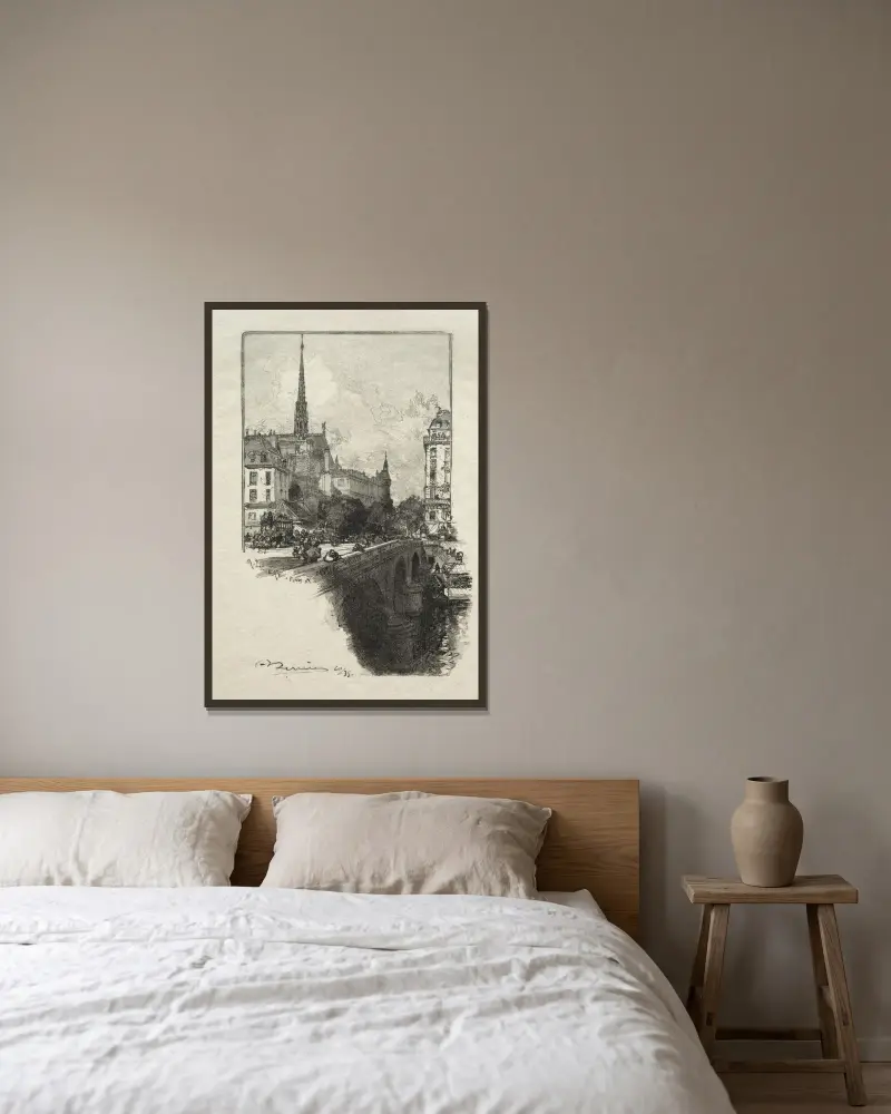 Le Pont St. Michel av Auguste Louis Lepère inramad på en vägg