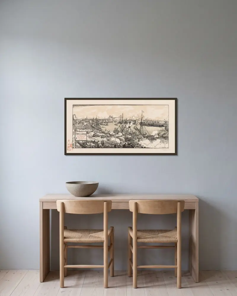 Hamnen i Nantes av Auguste Louis Lepère inramad på en vägg