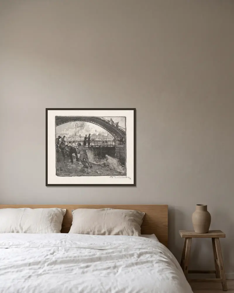 Slussen vid Canal Saint-Martin av Auguste Louis Lepère inramad på en vägg
