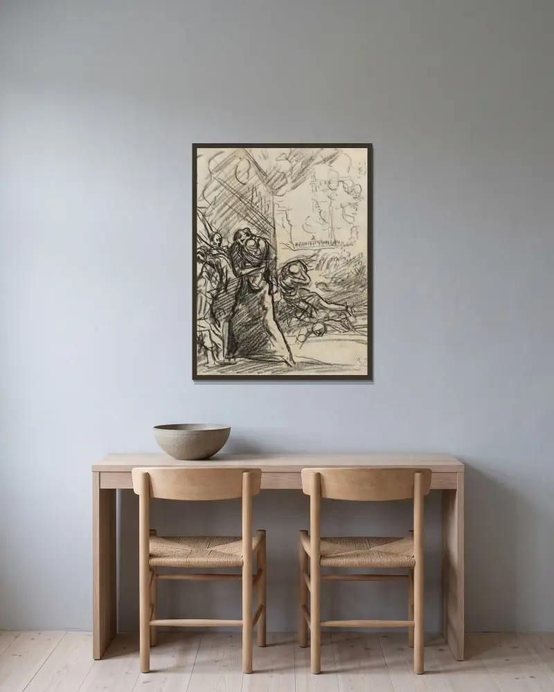 Branden i Louvain av Auguste Louis Lepère inramad på en vägg