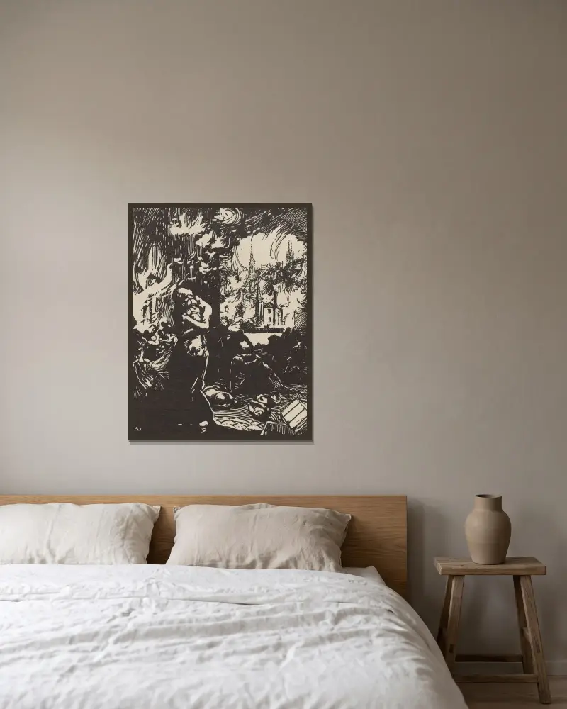Branden i Louvain av Auguste Louis Lepère inramad på en vägg